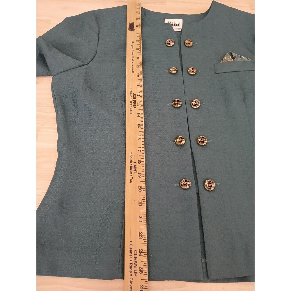Vintage Leslie Fay Teal Short Sleeve Blazer Jacket Gold Buttons Women's Size 16 - Picture 10 of 13